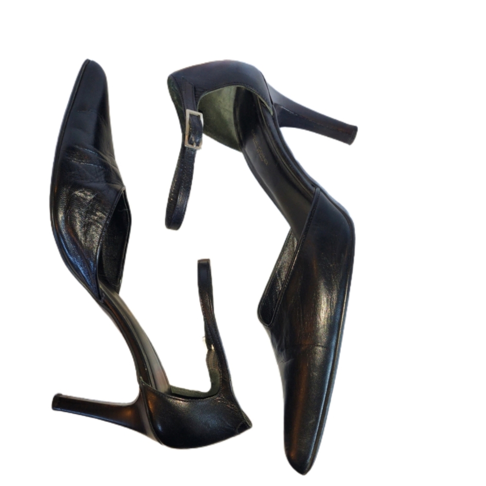 CASUAL CORNER BLACK LEATHER ANKLE STRAP HEELS MADE IN ITALY - Picture 4 of 11